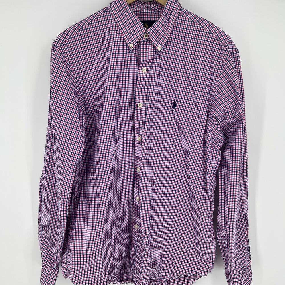 Ralph Lauren Pony Logo Blue Pink Micro-Plaid Long Sleeve 100% Cotton Shirt L